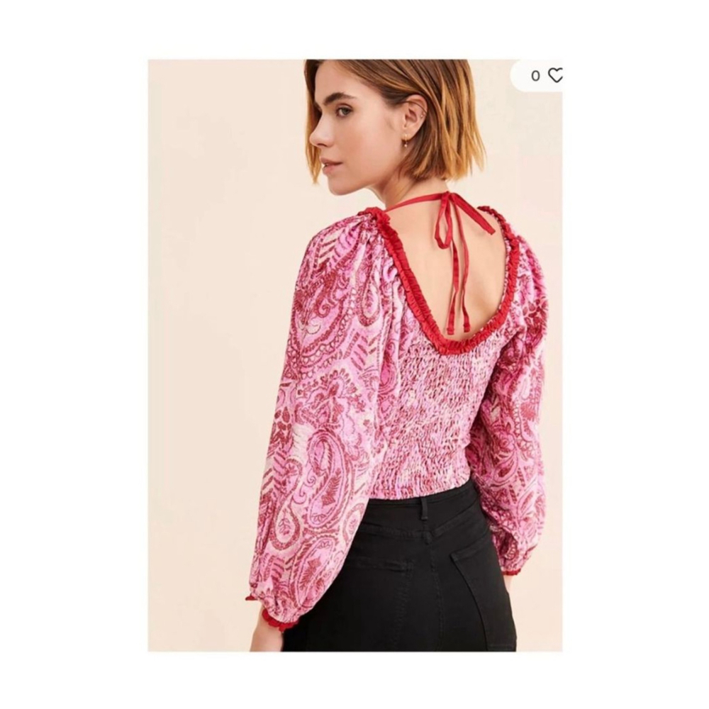 Free People Pink Red Paisley Long Sleeve Crop sz S festival Renaissance blouse - Picture 9 of 13